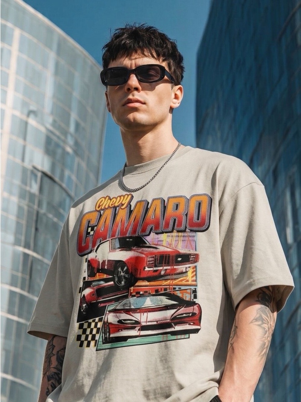 Chemistry Beige Graphic Camaro Tee with Red & Yellow Print